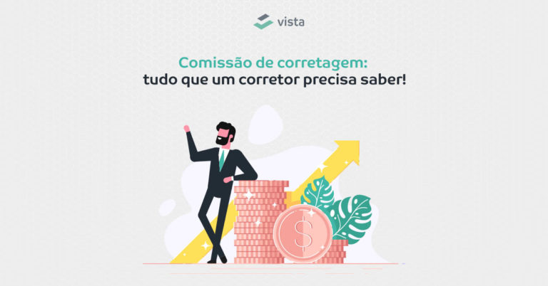Ilustração de um corretor de imóveis abaixo do título do artigo sobre comissão de corretagem